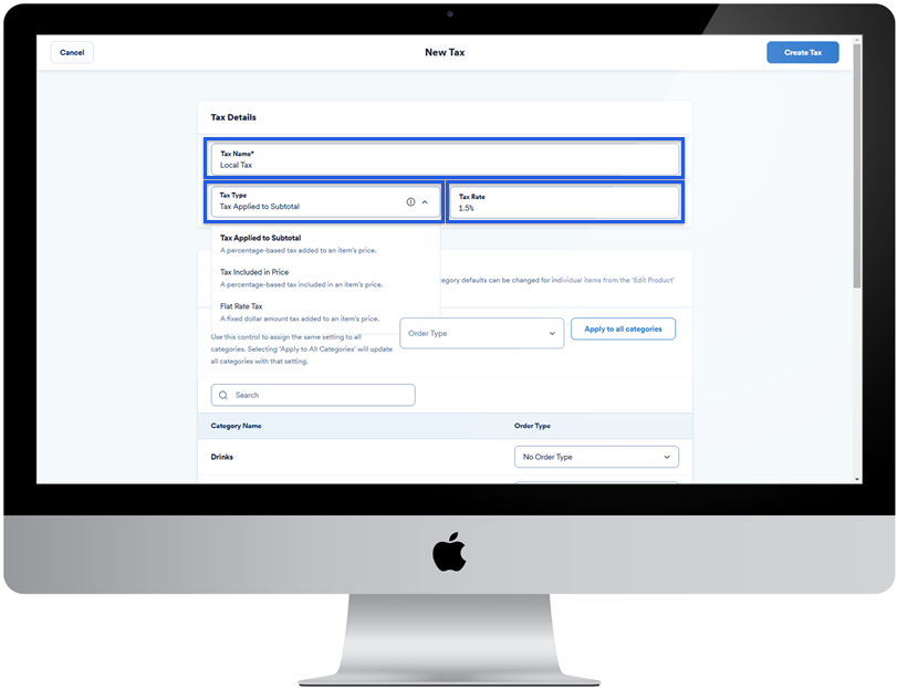 New tax menu with name, type, and rate fields highlighted.