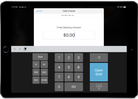 iPad showing talech mobile app cash drawer screen with entry box for opening amount and a number pad