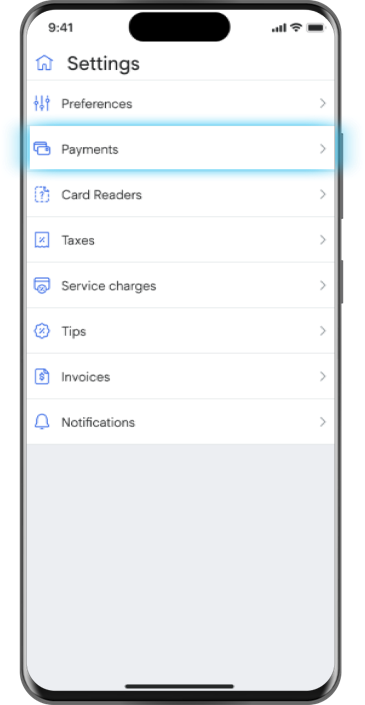 Mobile device showing the talech mobile settings page.