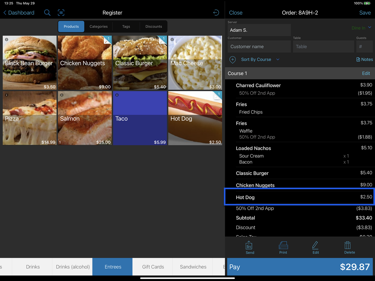 talech register app order screen with item to be discounted highlighted