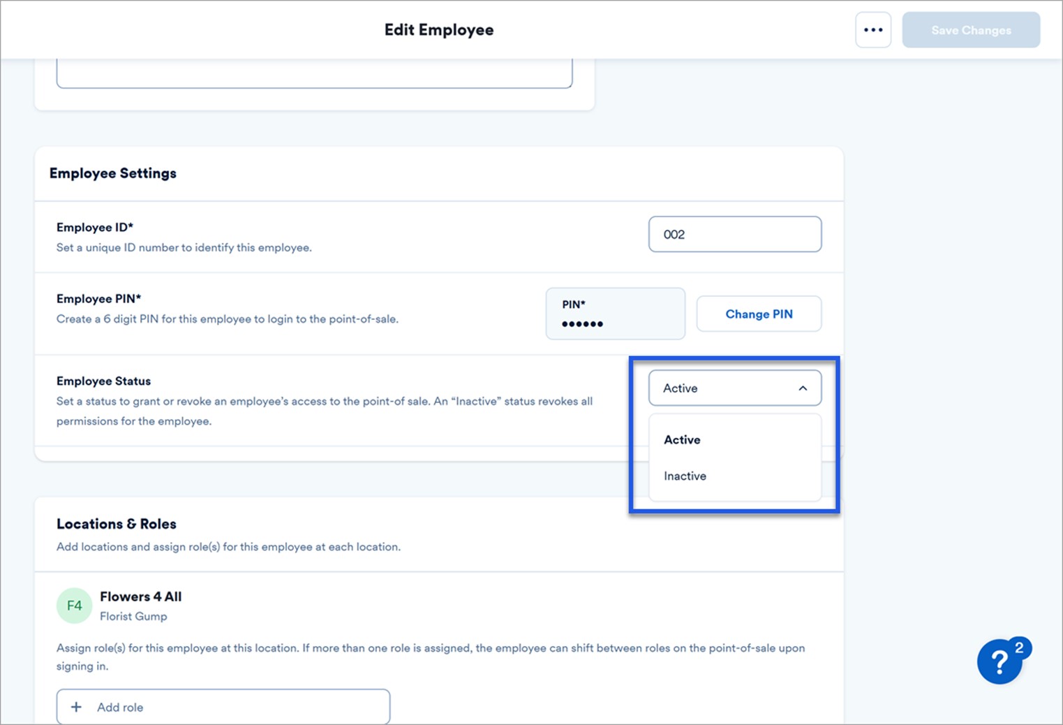 employee settings with status field highlighted.