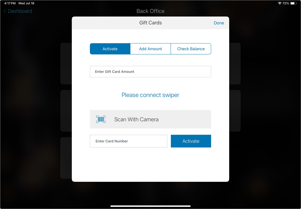 The gift cards menu on talech Register
