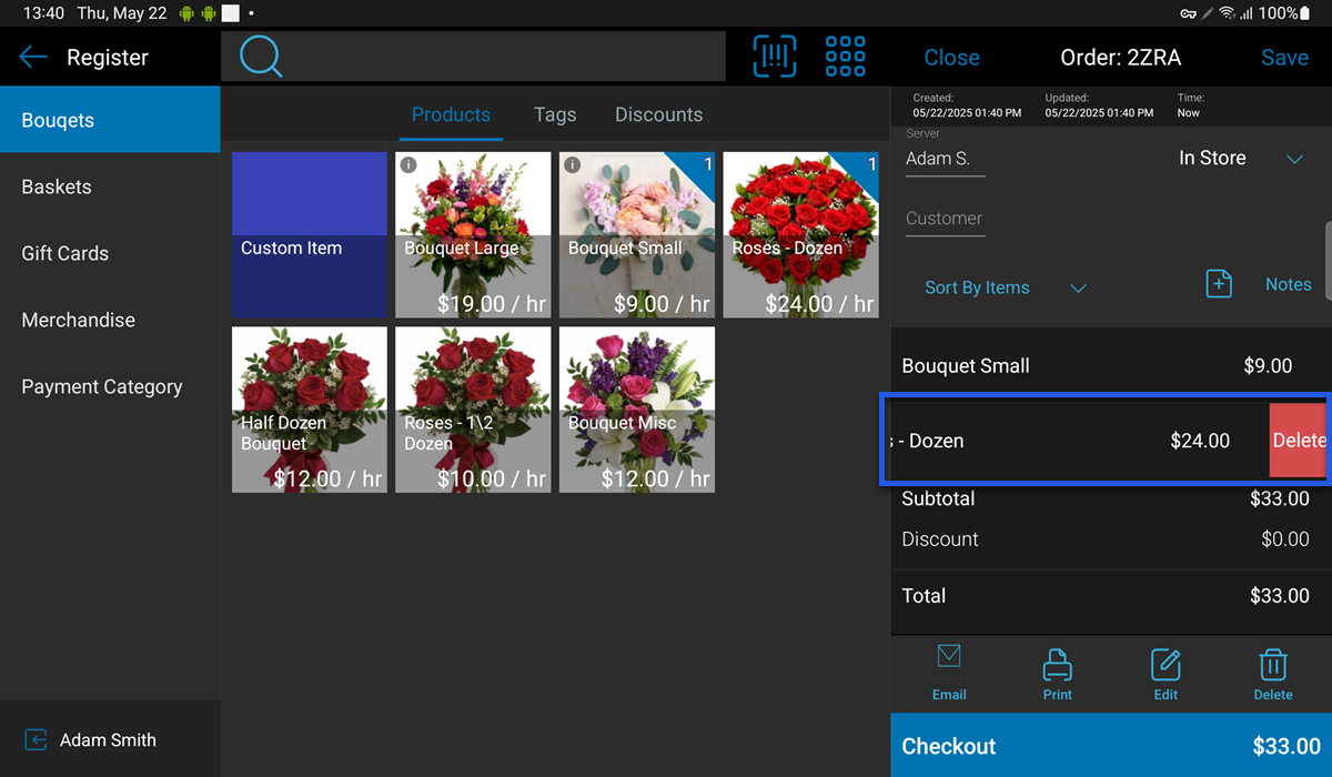talech app product catalog screen with delete button for item in open order highlighted
