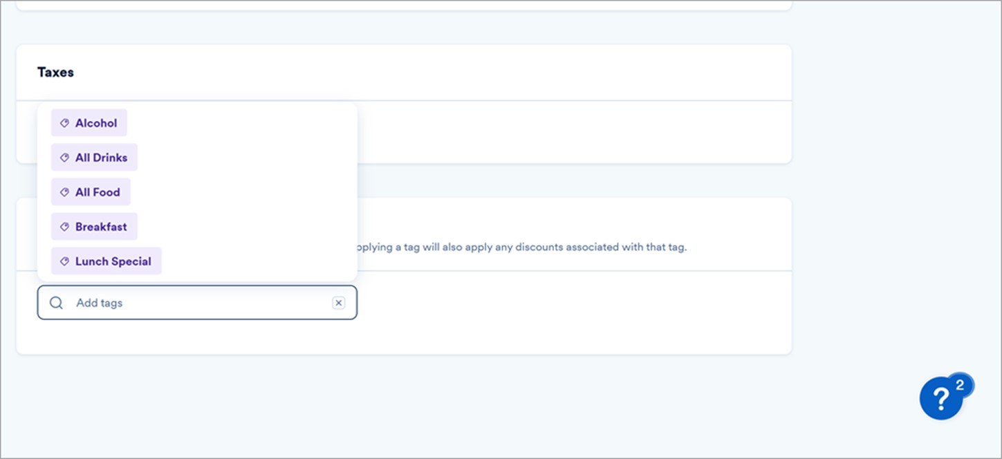New product menu showing tags section.
