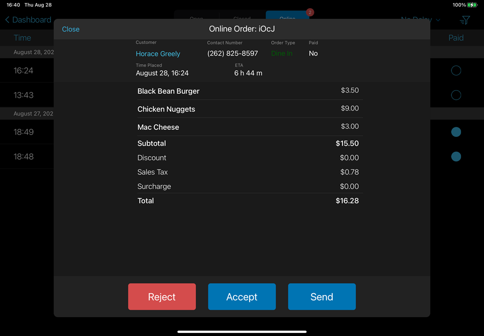 online order details screen in register