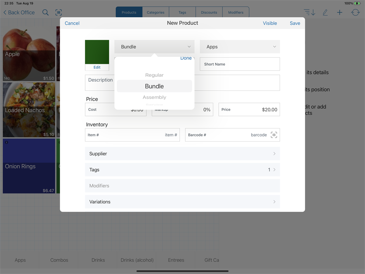 back office add new product screen with product type bundle selected