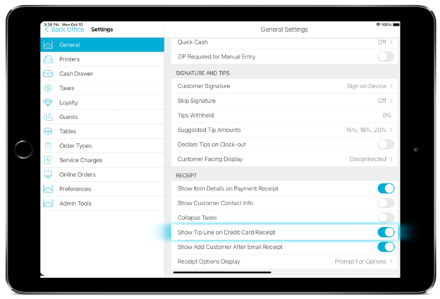 screenshot of ipad showing talech mobile general settings screen with show tip line on credit card receipt option highlighted
