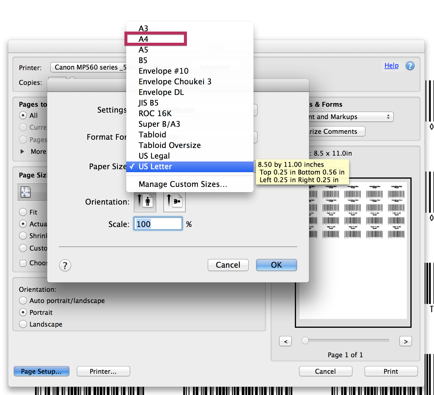 Paper size selection menu from printer settings.