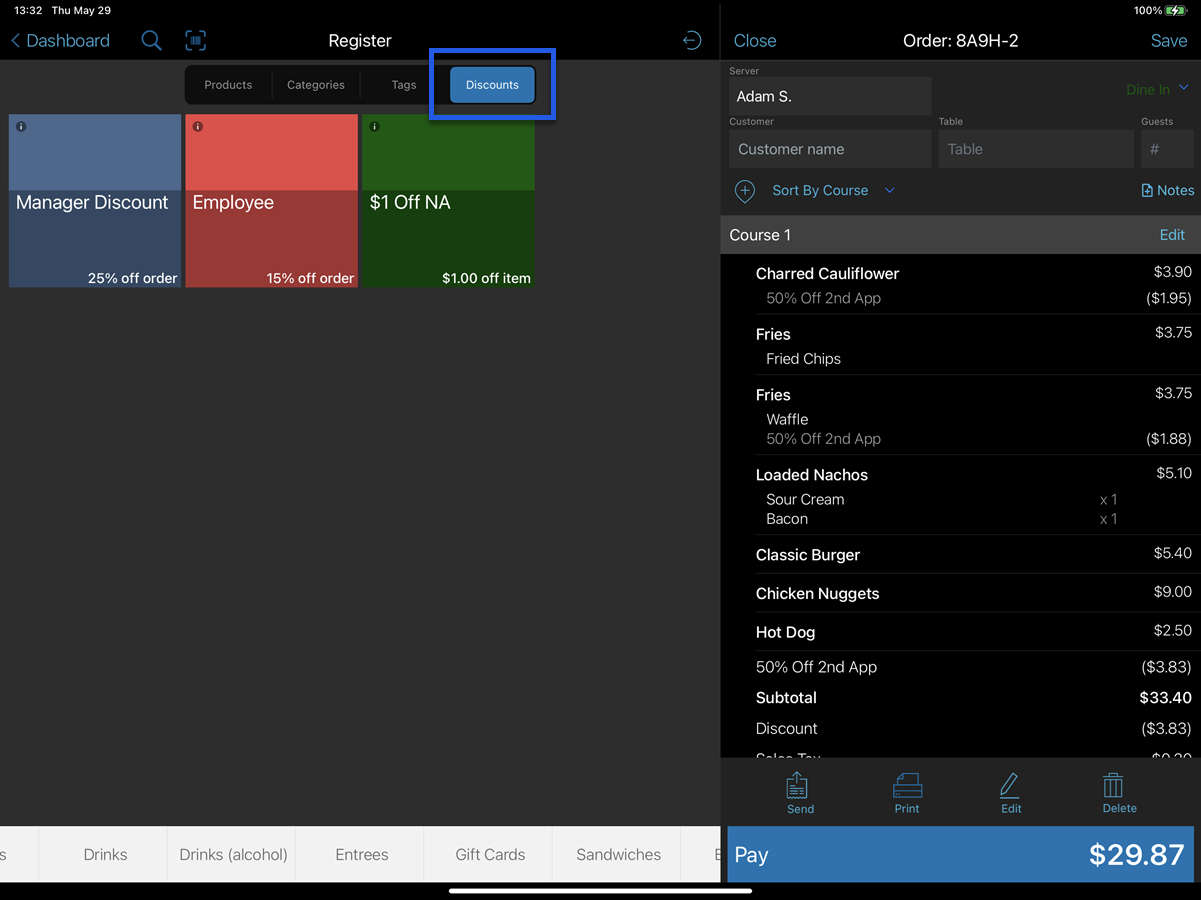 talech register app order screen with discounts tab button highlighted
