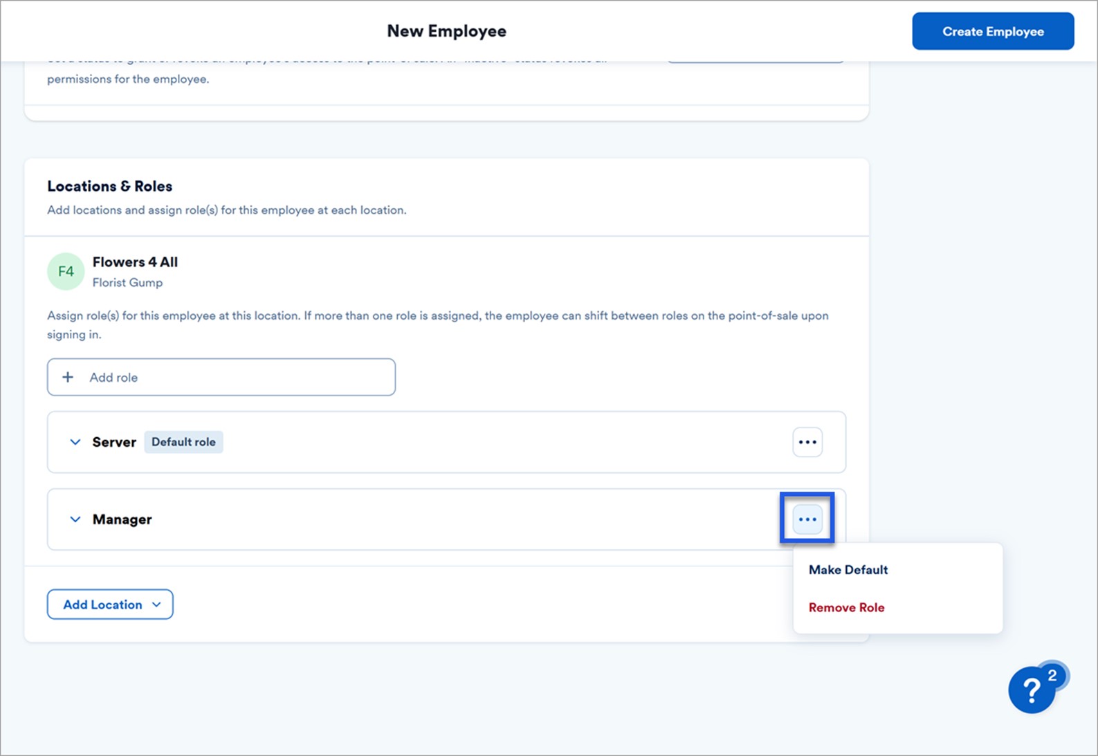 new employee settings and employee role section.