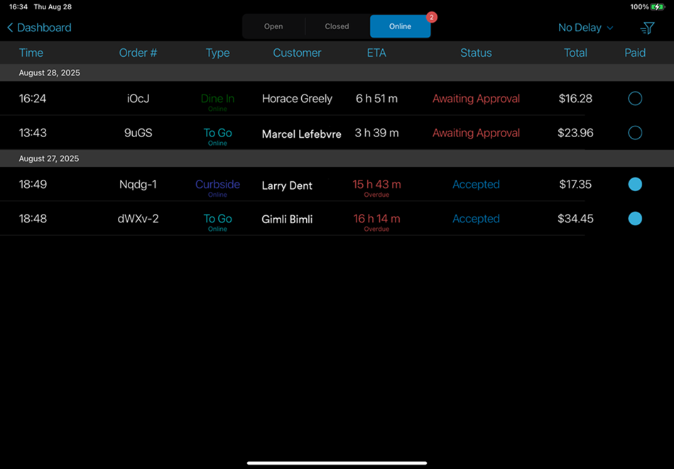 orders screen in register