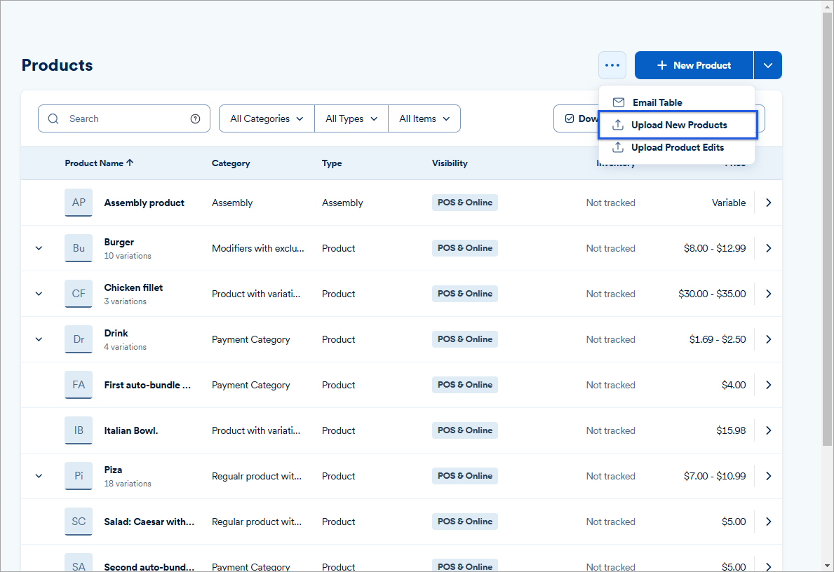 Products dashboard with upload new products option highlighted from new product button.
