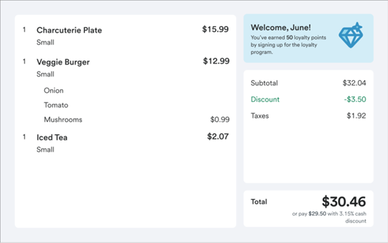 transaction details on customer facing display showing discount applied