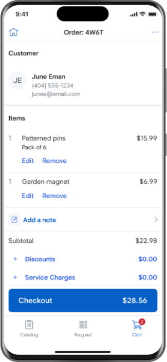 Mobile device showing the cart with items and checkout button.