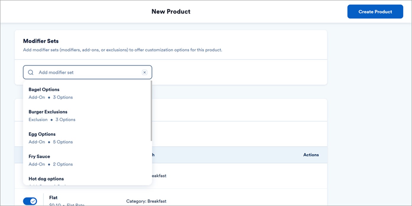 New product menu showing the modifier sets options.