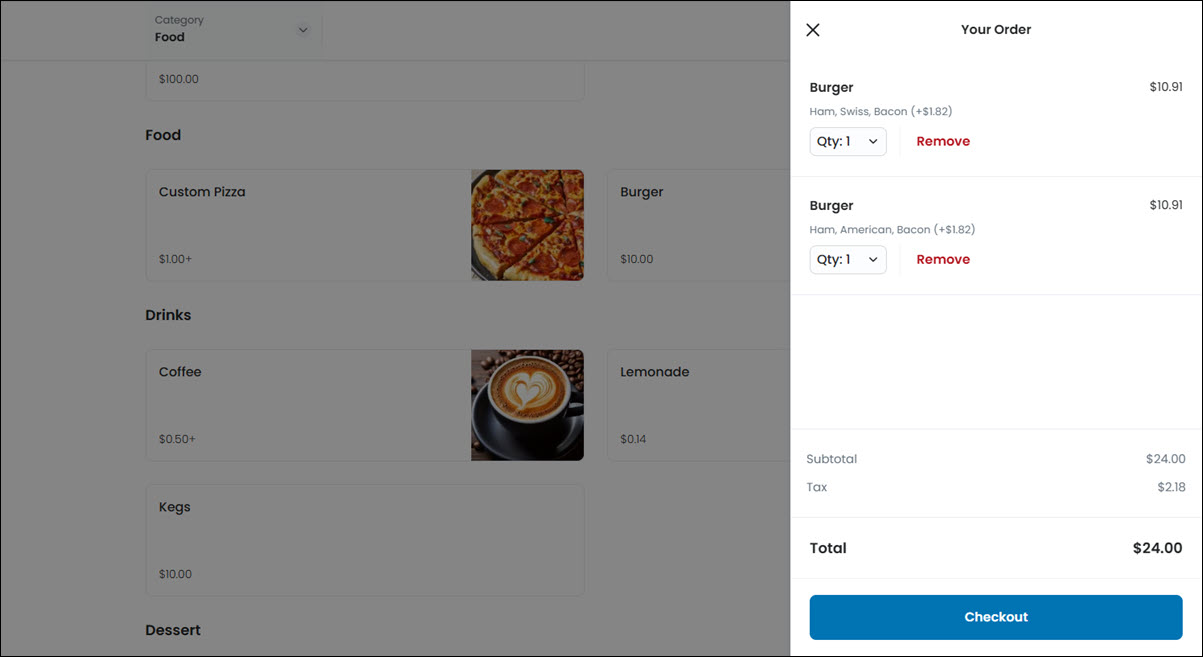 Cart on the side of the screen with checkout button.