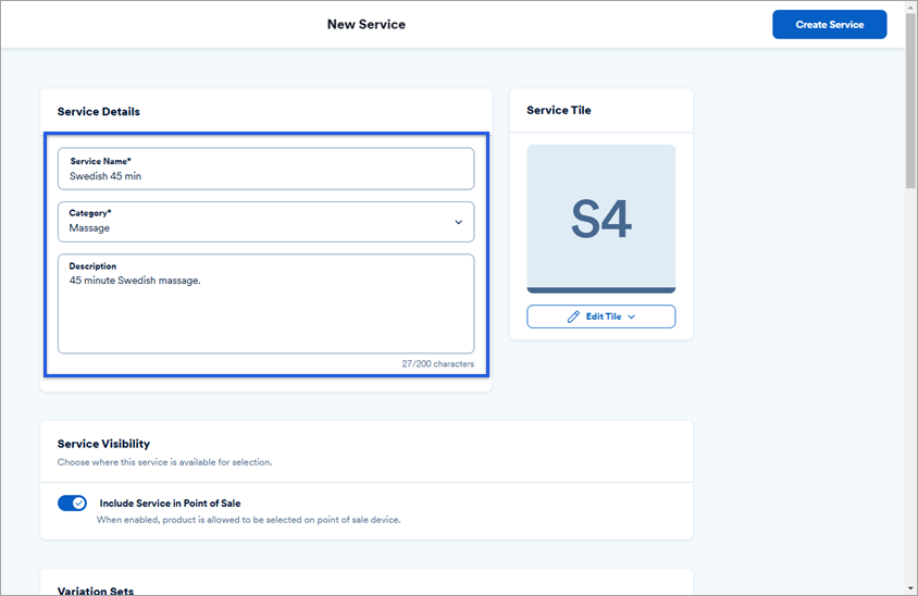 New service menu with service details sections highlighted.