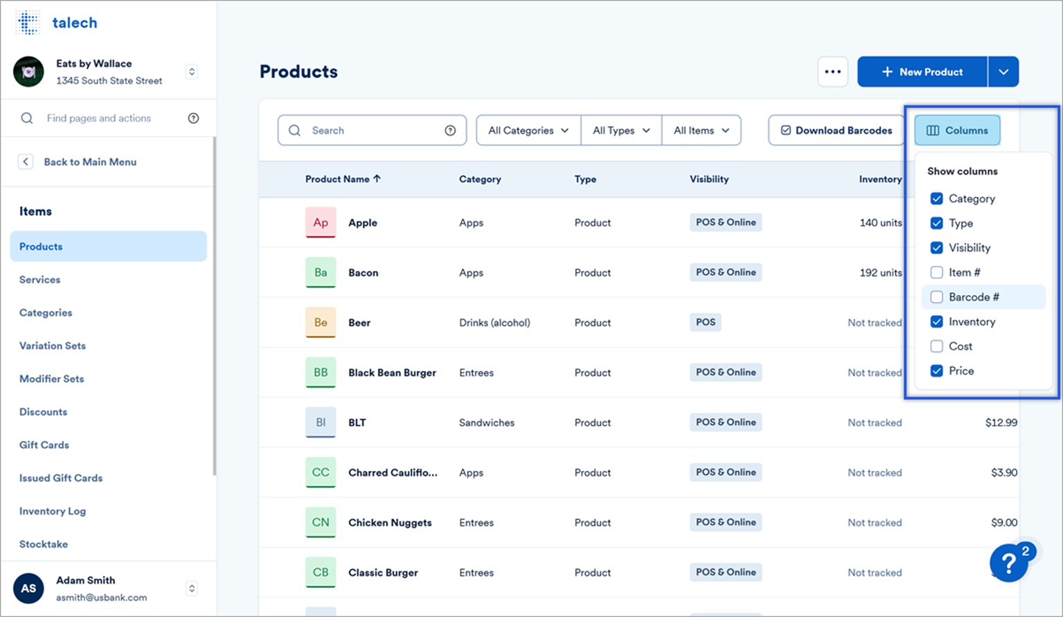 Product dashboard showing all products currently created with the columns dropdown open.