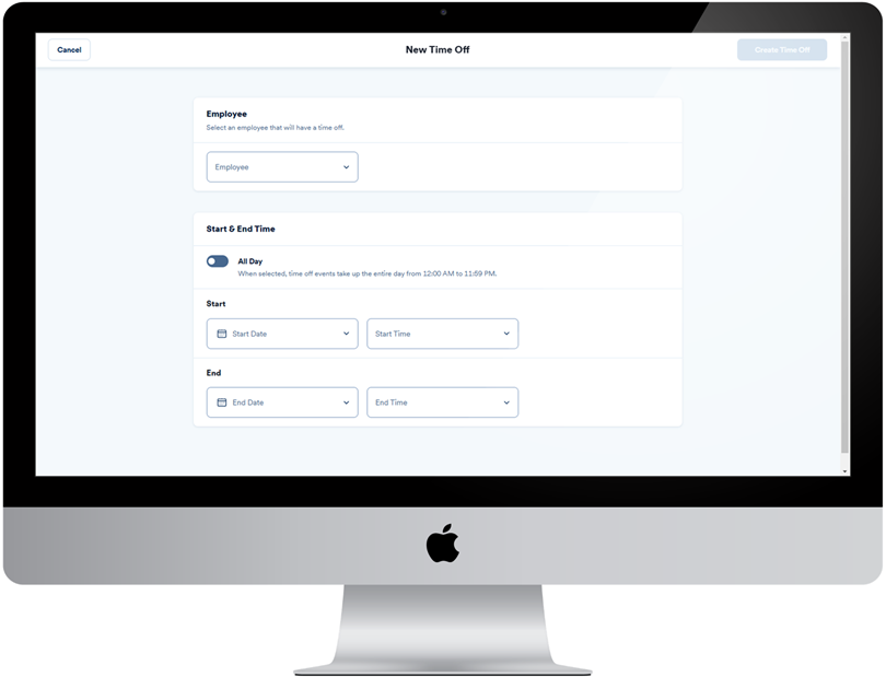 New time off menu with blank fields.