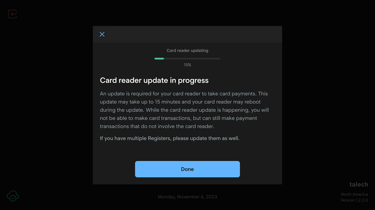 card reader update popup message.
