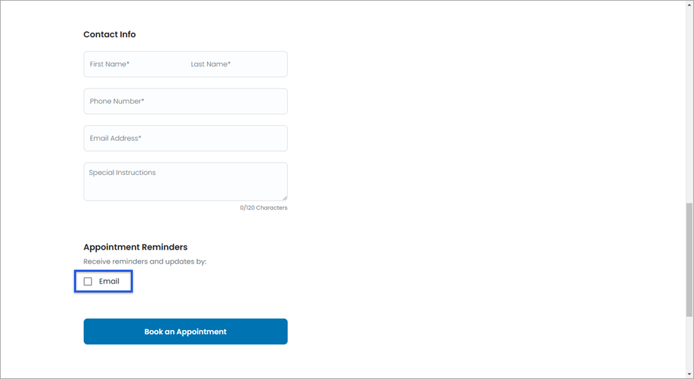 Contact info and reminders section of appointment booking page.