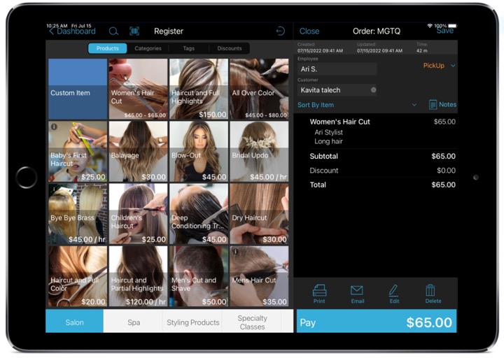 tablet view of open order with option to add products or services at checkout