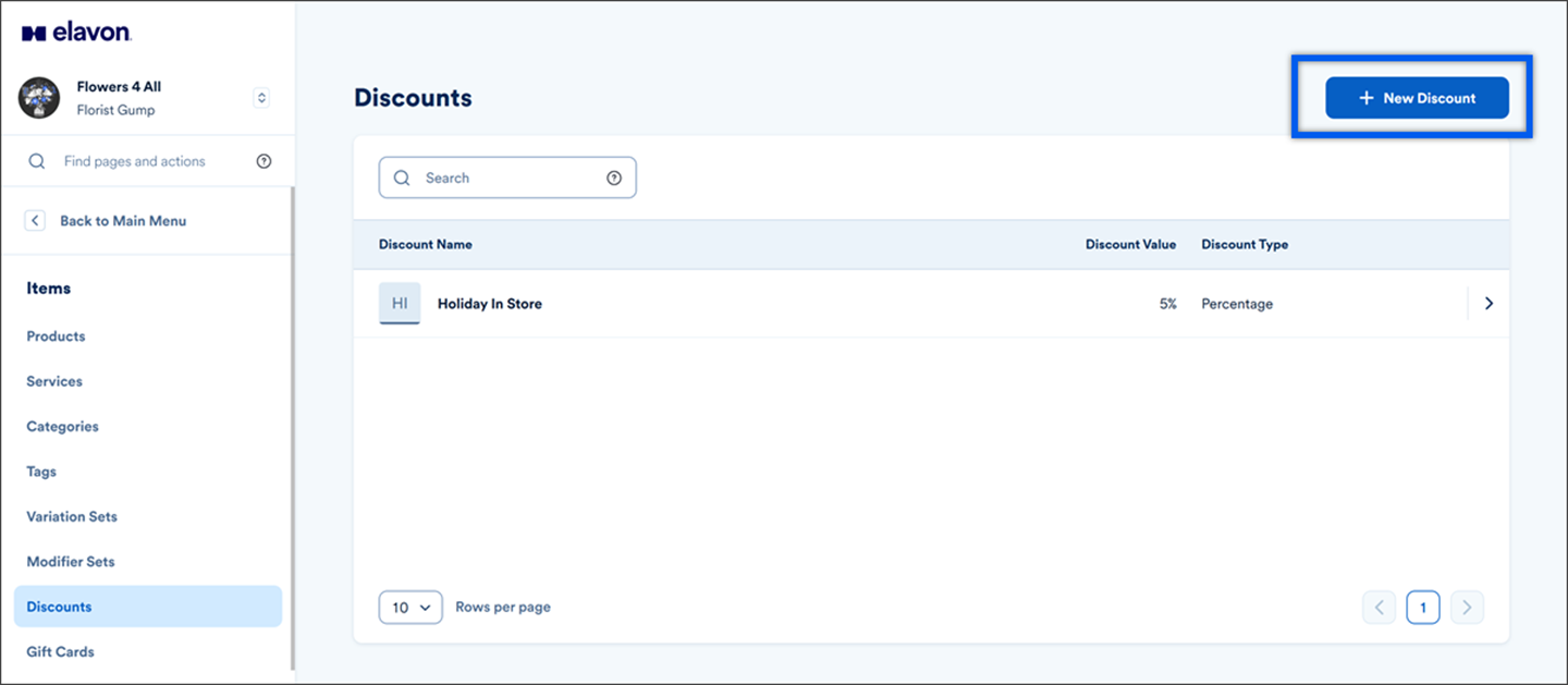 Discounts page showing existing discounts created and the create new dsicount button.