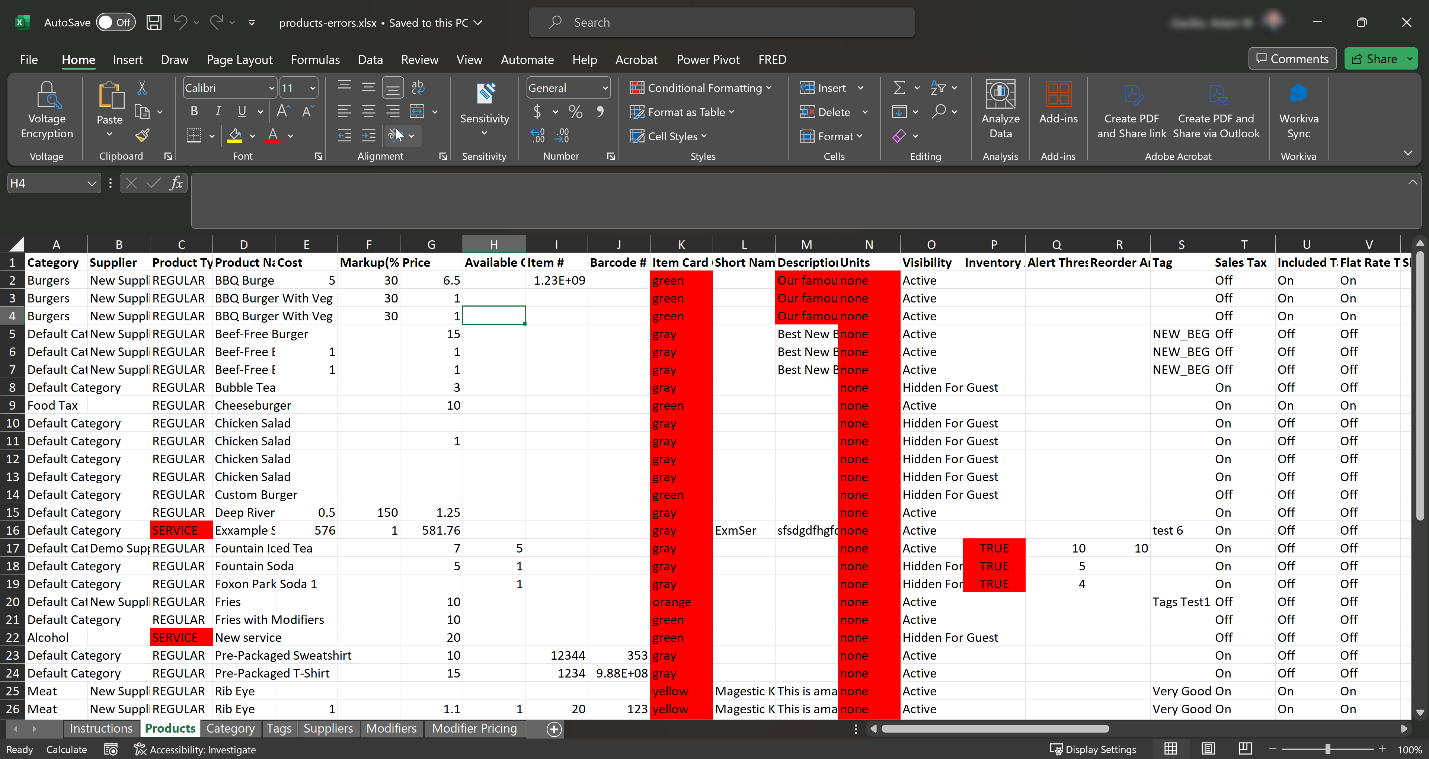 Screenshot of an excel template