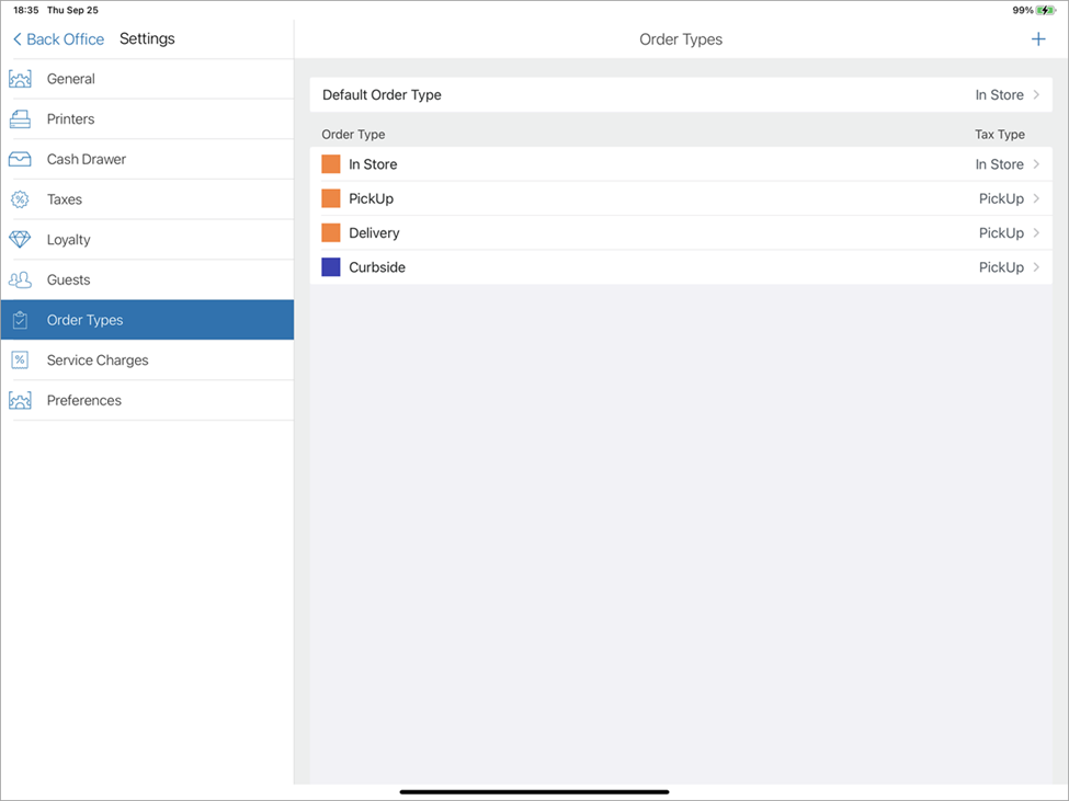 Talech app settings order types screen