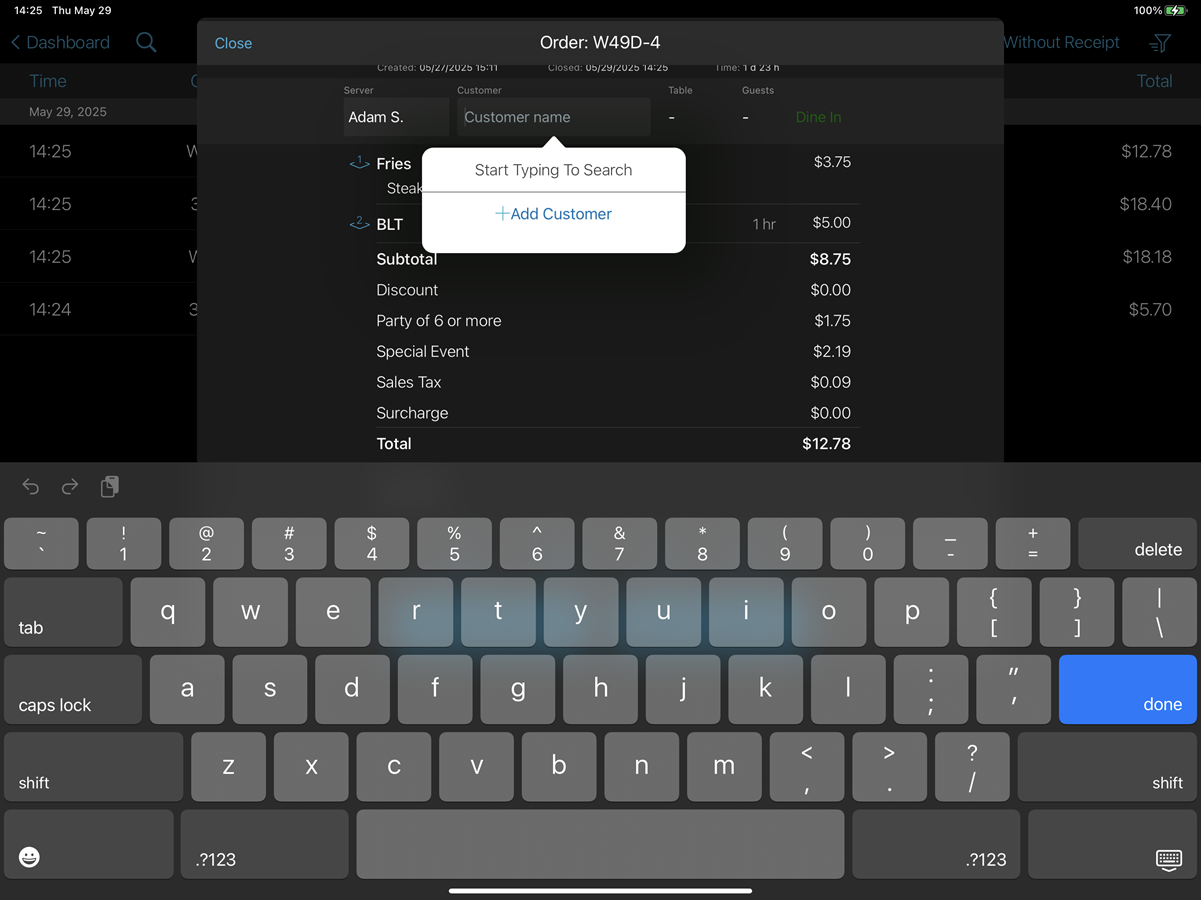 talech register app with closed orders search for customer displayed.