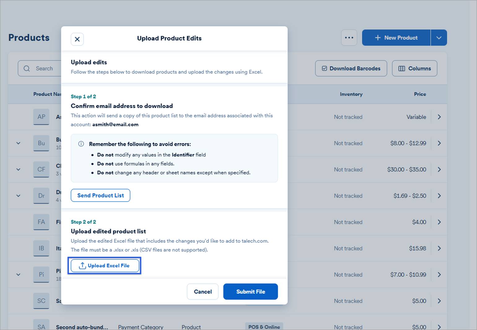 Upload product edits screen with upload excel file button highlighted.