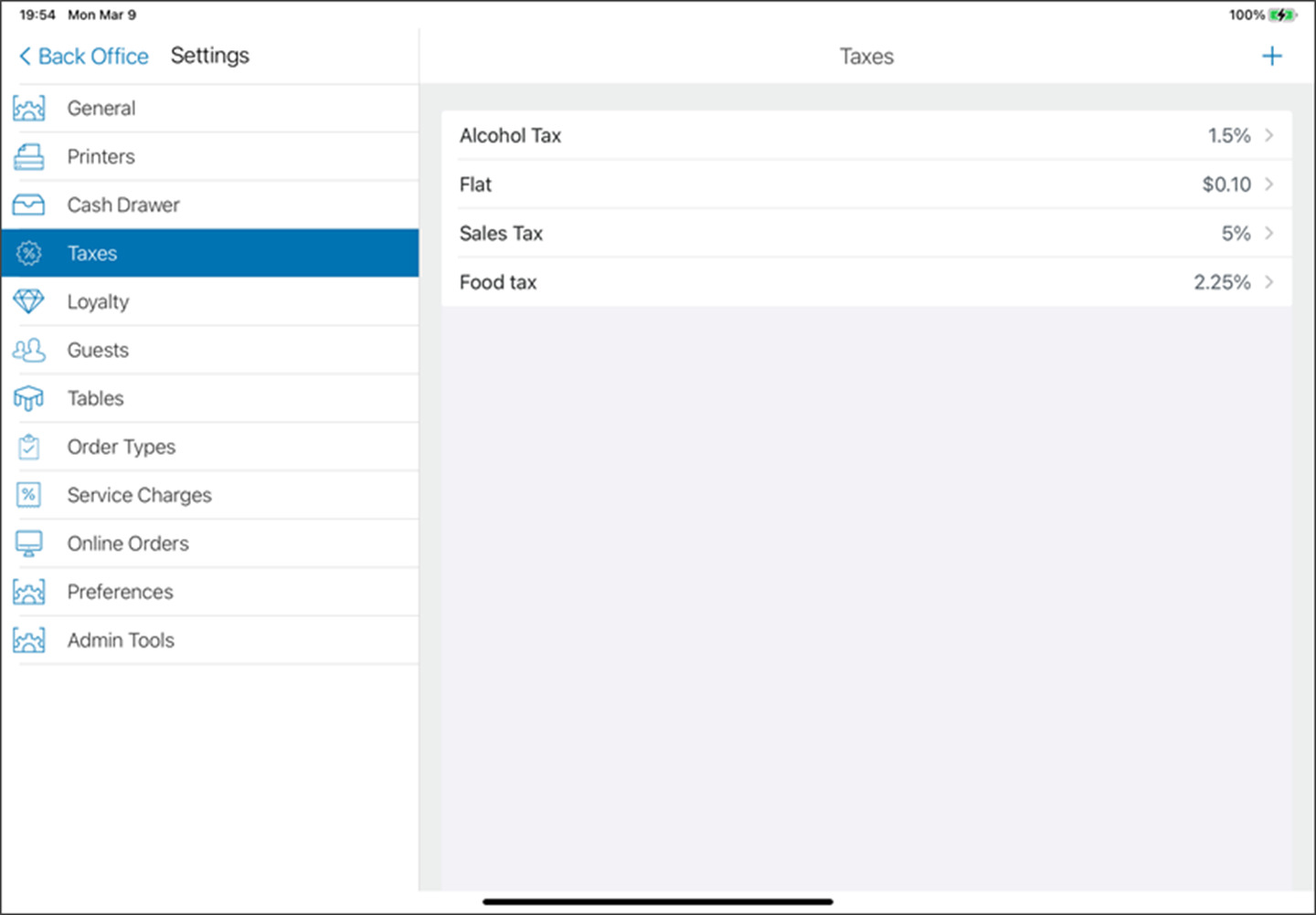 Taxes settings from back office