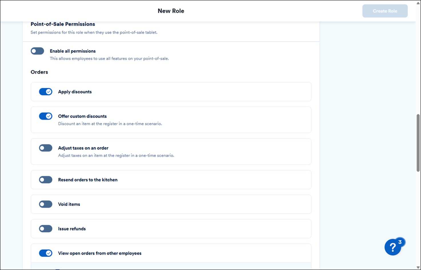 Permissions settings of the new role screen.