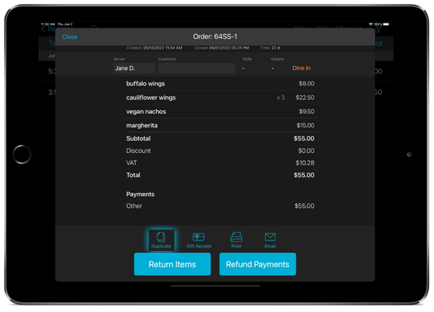 screenshot of ipad showing talech app order summary screen with duplicate option highlighted