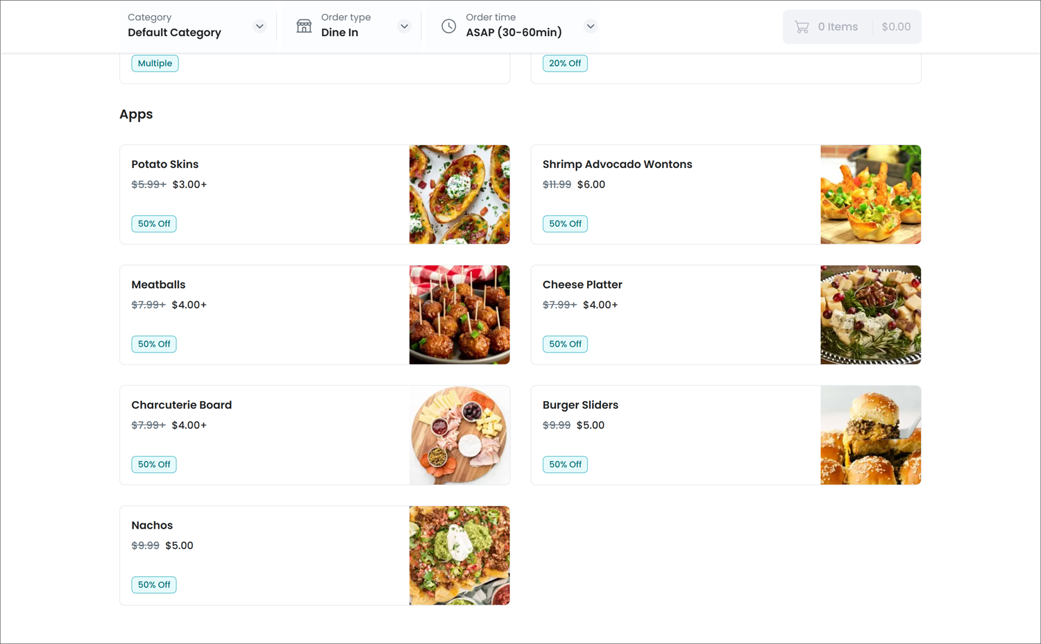 online ordering menu displaying discounted prices for different items