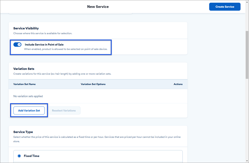 New service menu with service visibility and variations sections highlighted.