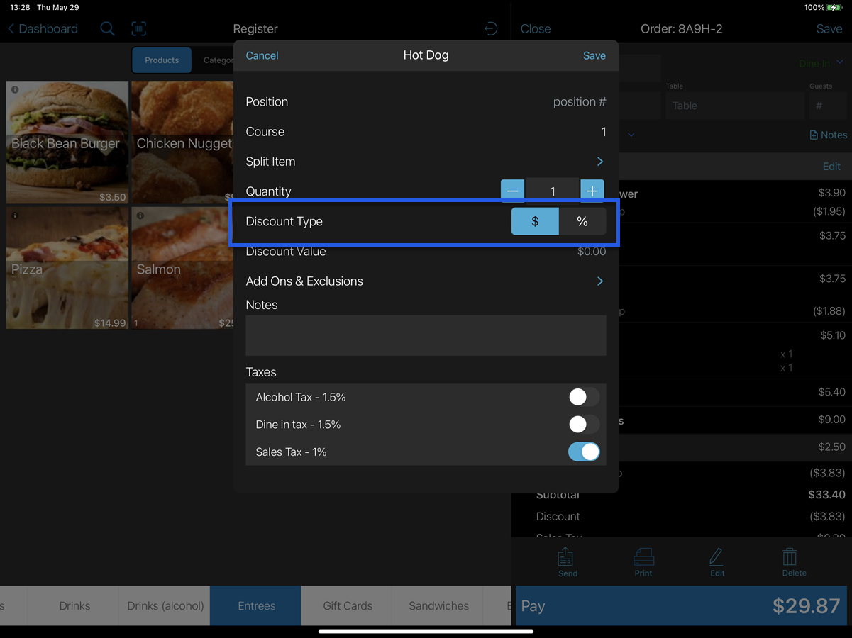 talech register app item details screen with discount type choice between dollars and percent highlighted