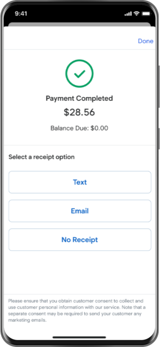 Mobile device showing payment complete screen.