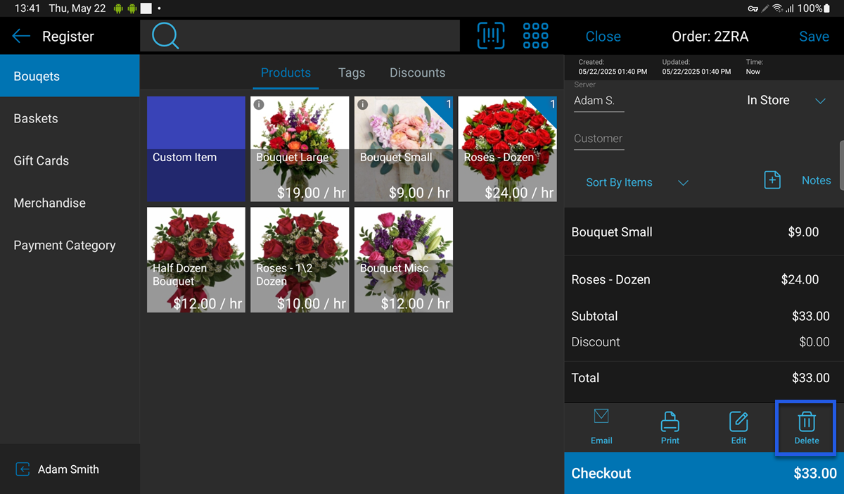 talech app product catalog screen with delete button for whole open order highlighted