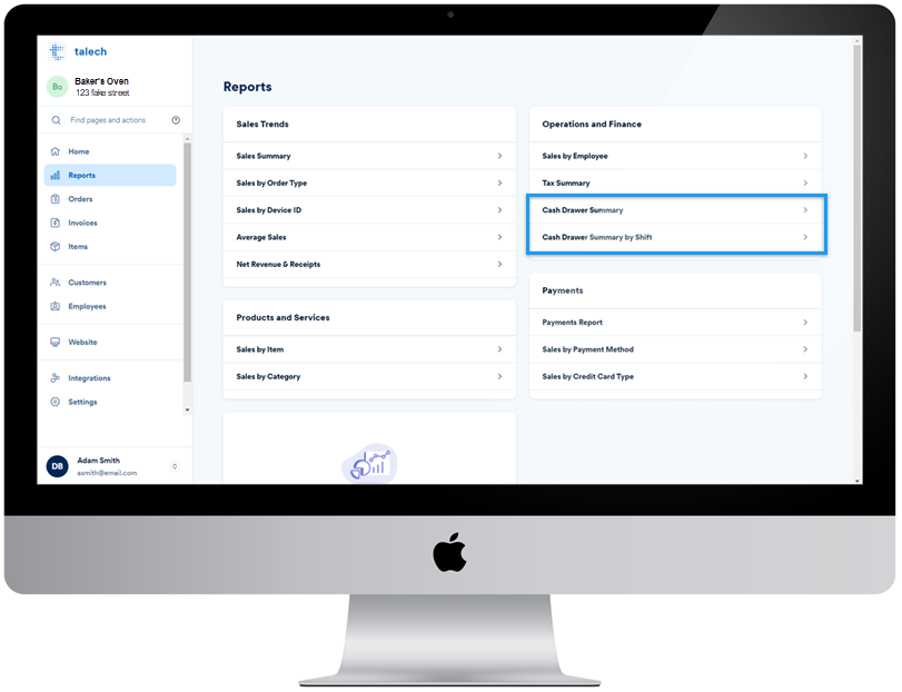 Reports landing page with cash drawer reports highlighted.