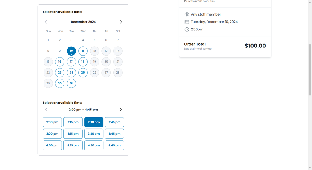 Date selection of appointment booking page.