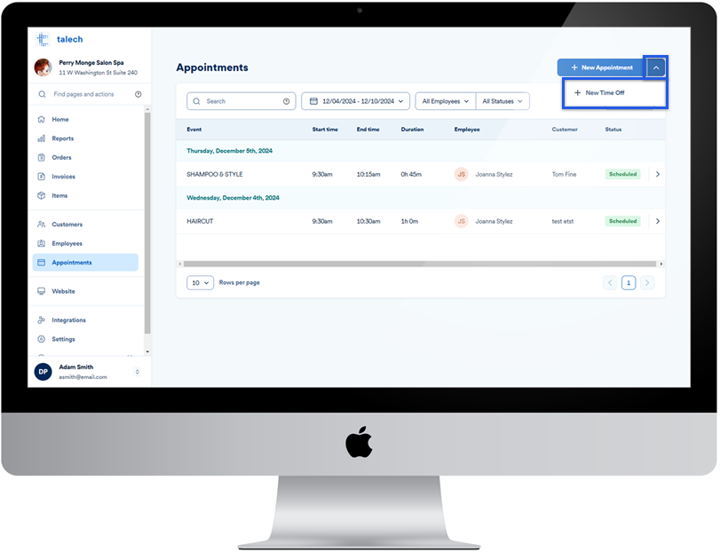 Appointments dashboard with new time off option highlighted.