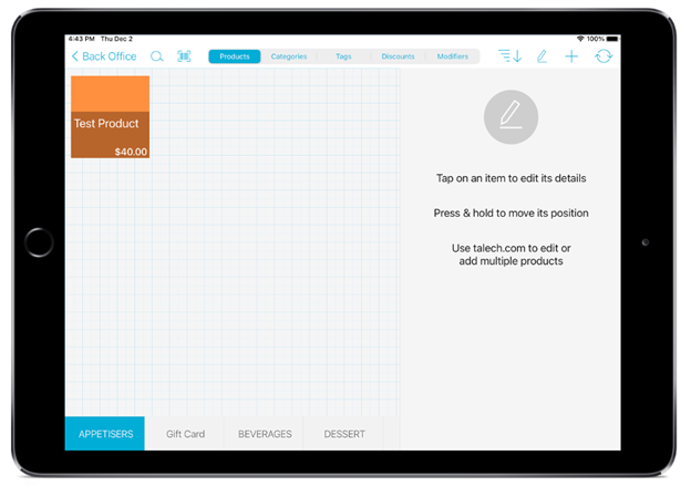 register app back office menu products menu screen