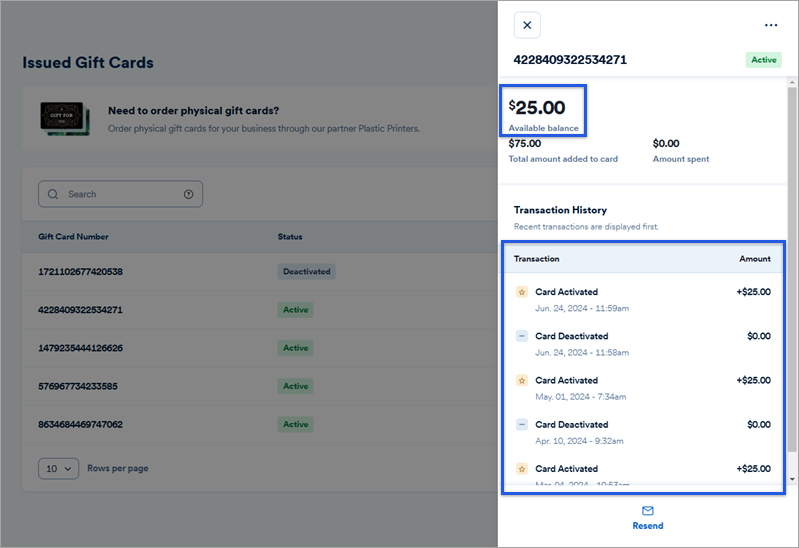 Gift card details with balance and transaction history sections highlighted.