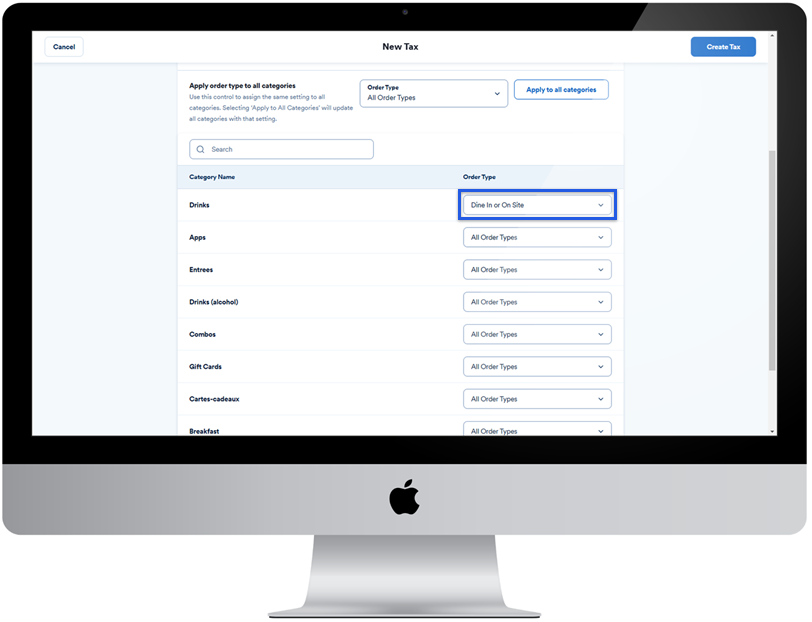 New tax menu showing the order type to apply taxes to.