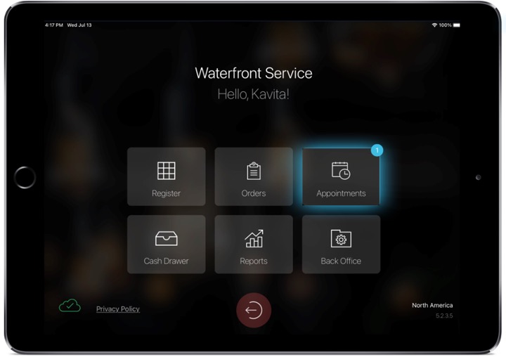 tablet view of talech register app dashboard with appointments button highlighted