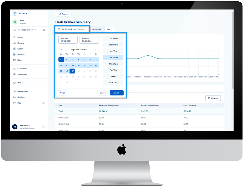 Summary report showing the date selection options.