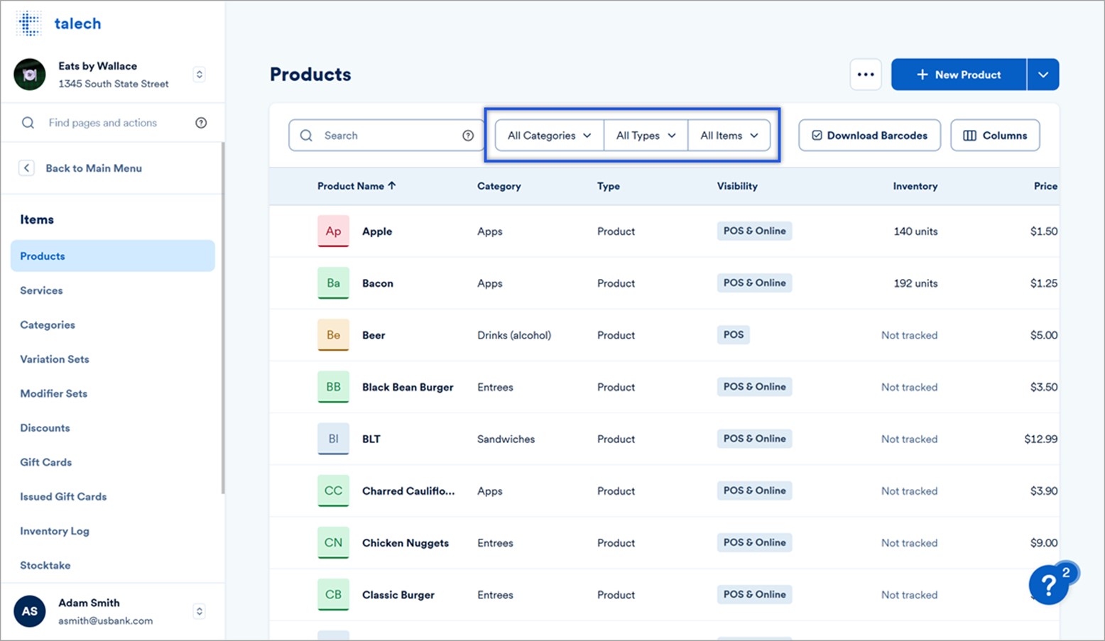 Product dashboard showing all products currently created with the three filters highlighted at the top.