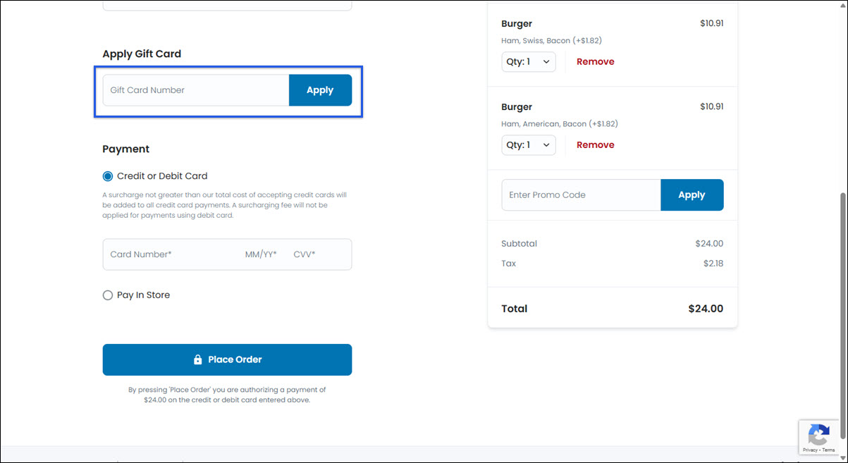 Checkout screen with the gift card field highlighted.