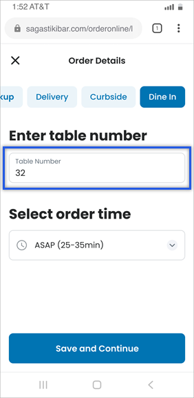 order details screen with table number field highlighted.